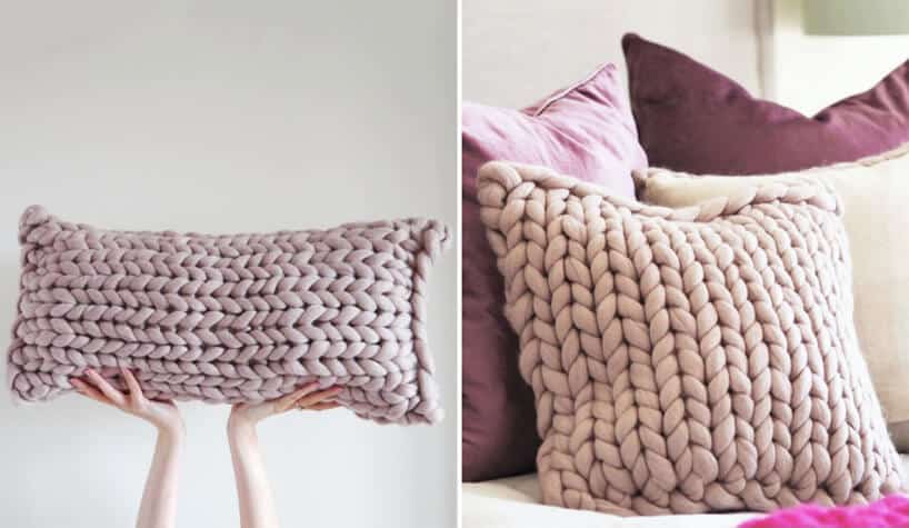 zestawienie poduszek Chunky Knit od Joules jasno różowa i jasno fioletowa poduszka z grubej włóczki