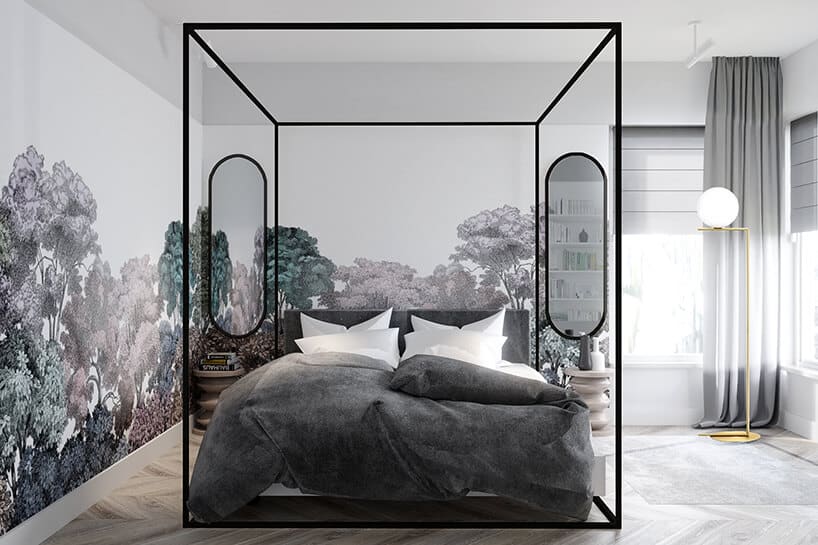 łóżko małżeńskie zamknięte w metalowej kostce w kolorze czarnym w stylowym pomieszczeniu