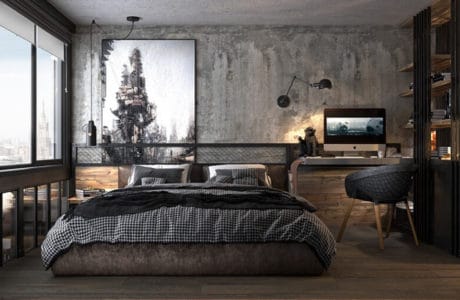 sypialnia w szarych betonowych kolorach z niskim dużym łóżkiem oraz ciepłymi drewnianymi dodatkami