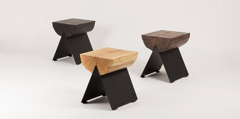 wyjątkowe stołki Stools od Witamina D z metalowymi nogami i siedziskiem z połowy pnia drzewa