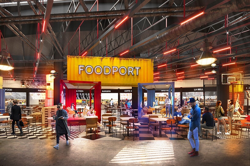 wizualizacja strefy gastronomicznej od MIXD żółty kontener z napisem FOODPORT