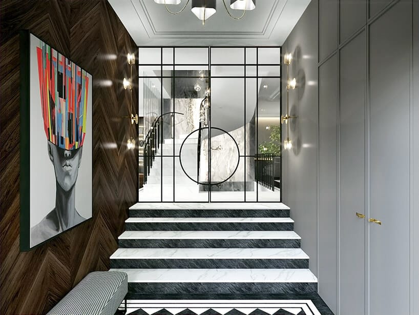 elegancki wejście z biało czarnymi schodami z białą zabudową po jednej stronie i drewnianym wykończeniem ściany