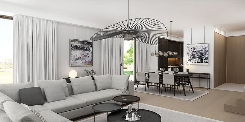styl minimalistyczny w białym salonie z czarną lampą