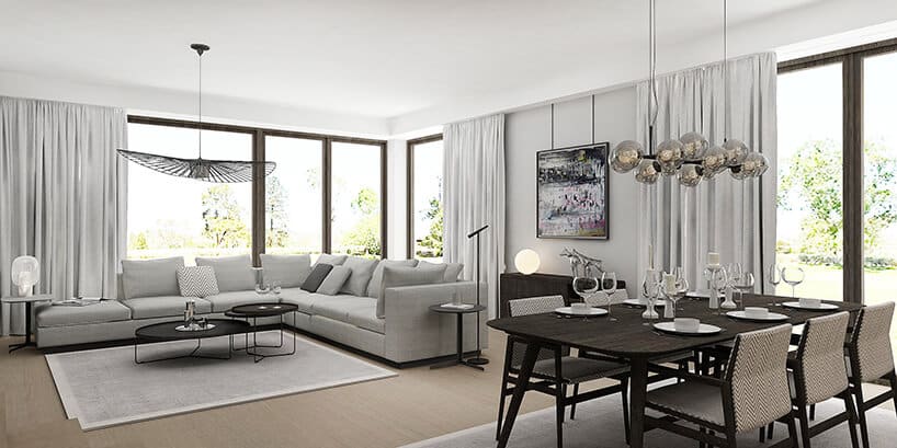styl minimalistyczny w białym salonie z szarą sofą