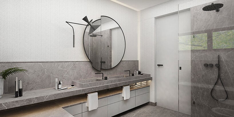 styl minimalistyczny w szarej łazience i lustro do łazienki