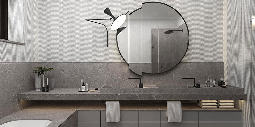 styl minimalistyczny w szarej łazience z szarą umywalką