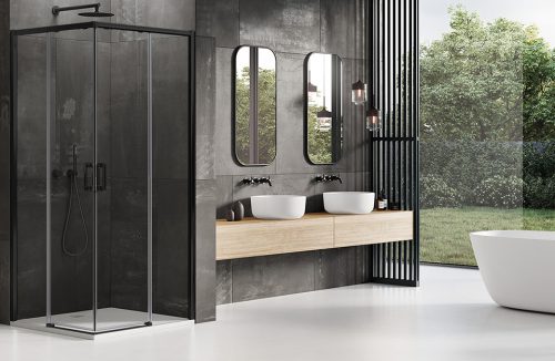 nowoczesna łazienka z biała podłogą w połączeniu z czarnymi ścianami obok drewnego akcentu
