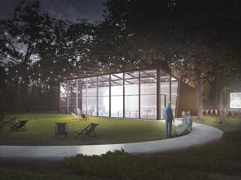 nowoczesny projekt restauracji w parku PRZESTRZEŃ + PEŁNIA od pracowni ZNAMY SIĘ widok od strony alejki