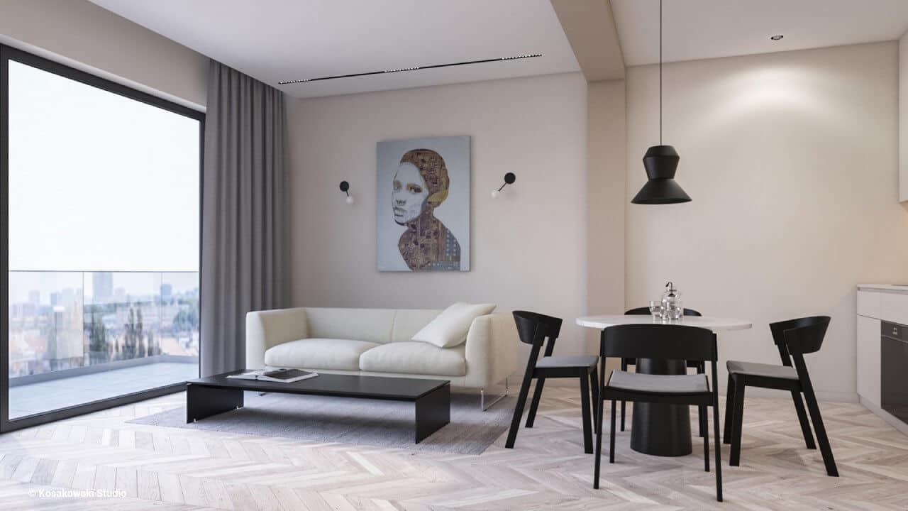 Czerń otulona kremem: mieszkanie w stylu minimalistycznym na Żoliborzu