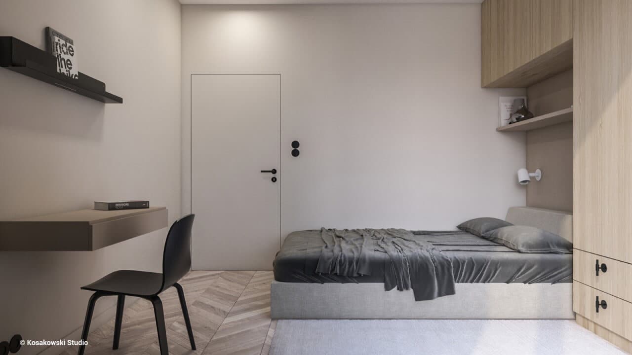 łóżko z krzesłem w minimalistycznej sypialni
