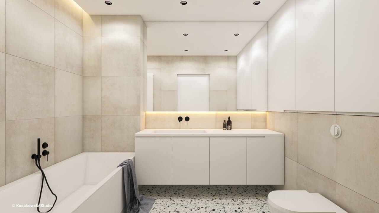 łazienka w stylu minimaliztycznym z białymi prostymi szafkami